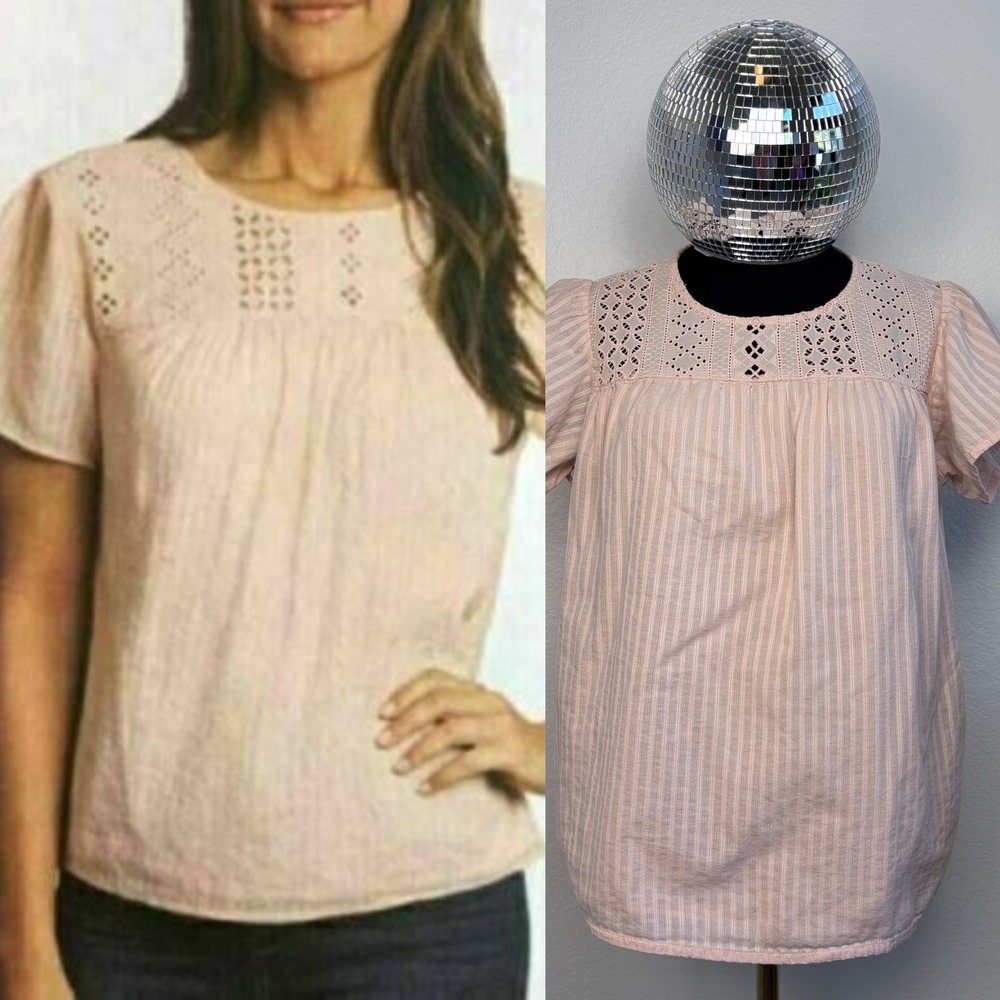 Ella Moss Brianne Peach Eyelet Lace Yoke Cotton Blouse, Medium Pink Romantic